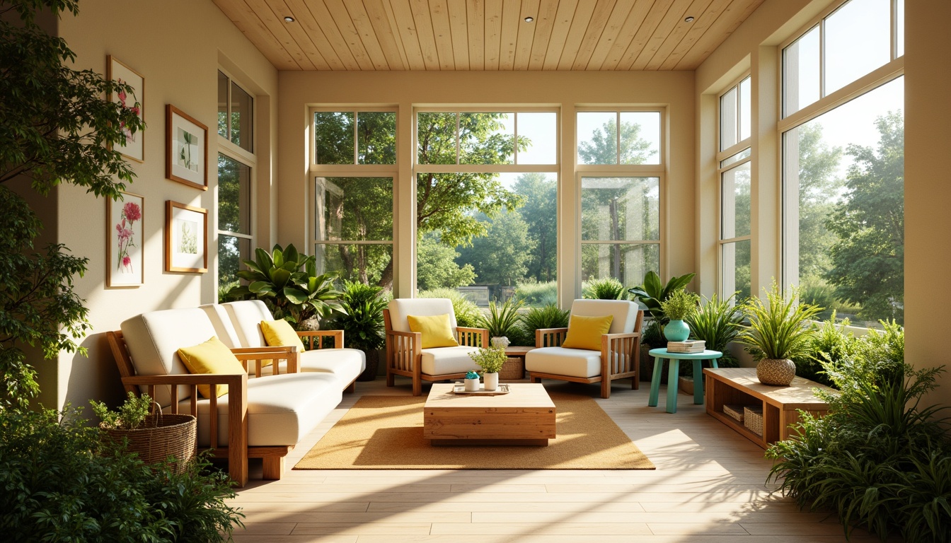 Prompt: Vibrant sunroom, warm beige walls, soft cream furniture, lush greenery, natural wood accents, bright yellow cushions, calming turquoise decorations, airy feel, abundant sunlight, gentle morning light, subtle shadows, 1/1 composition, shallow depth of field, realistic textures, ambient occlusion.