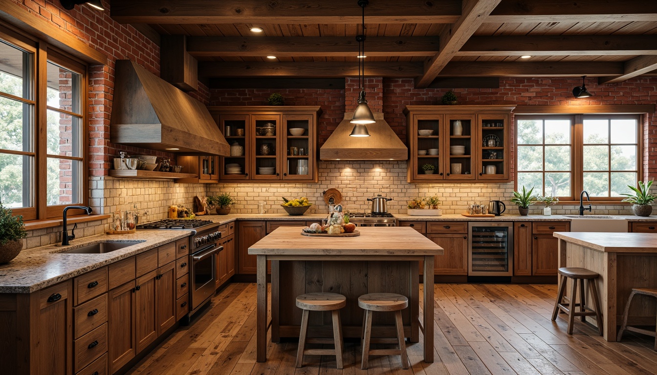 Prompt: Rustic kitchen, warm wood tones, butcher block countertops, earthy granite surfaces, vintage metal fixtures, classic Shaker-style cabinets, soft warm lighting, natural stone backsplashes, brick red walls, distressed wooden floors, cozy breakfast nooks, pendant lanterns, farmhouse sinks, ceramic tile accents, earthy color palette, 3/4 composition, realistic textures, ambient occlusion.