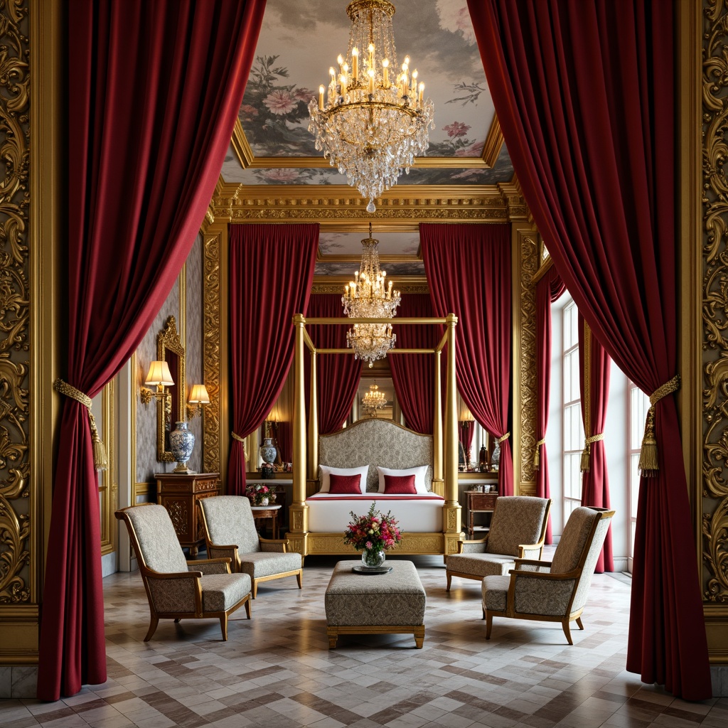 Prompt: Luxurious velvet drapes, golden ornate frames, crystal chandeliers, intricately carved wooden panels, richly polished marble floors, opulent throne-like armchairs, lavish silk upholstery, majestic four-poster beds, delicate porcelain vases, ornamental mirrors, grandiose ceiling murals, warm candlelight, soft focus photography, 1/1 composition, intimate atmosphere, realistic reflections, ambient lighting.