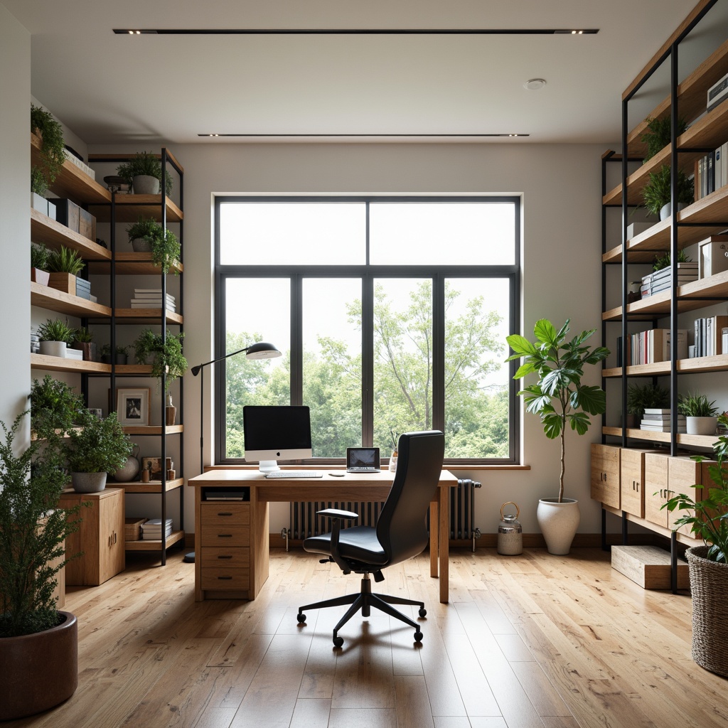 Prompt: Modern minimalist home office, sleek wooden desk, ergonomic chair, plenty of storage, metal shelving units, greenery, natural light, airy atmosphere, functional layout, 3/4 composition, shallow depth of field, warm neutral color palette, Scandinavian-inspired design, industrial accents, distressed wood textures.