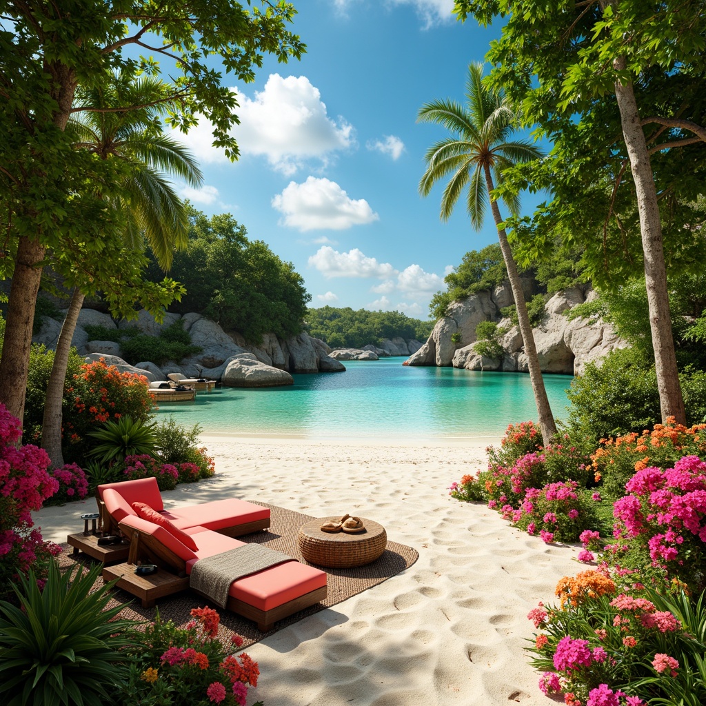 Prompt: Vibrant tropical paradise, lush green foliage, exotic flowers, warm sandy beaches, crystal-clear turquoise waters, colorful tiki torches, woven rattan furniture, natural wood accents, bold coral-inspired hues, soothing minty tones, creamy whites, deep blues, sunny warm lighting, shallow depth of field, 3/4 composition, panoramic view, realistic textures, ambient occlusion.