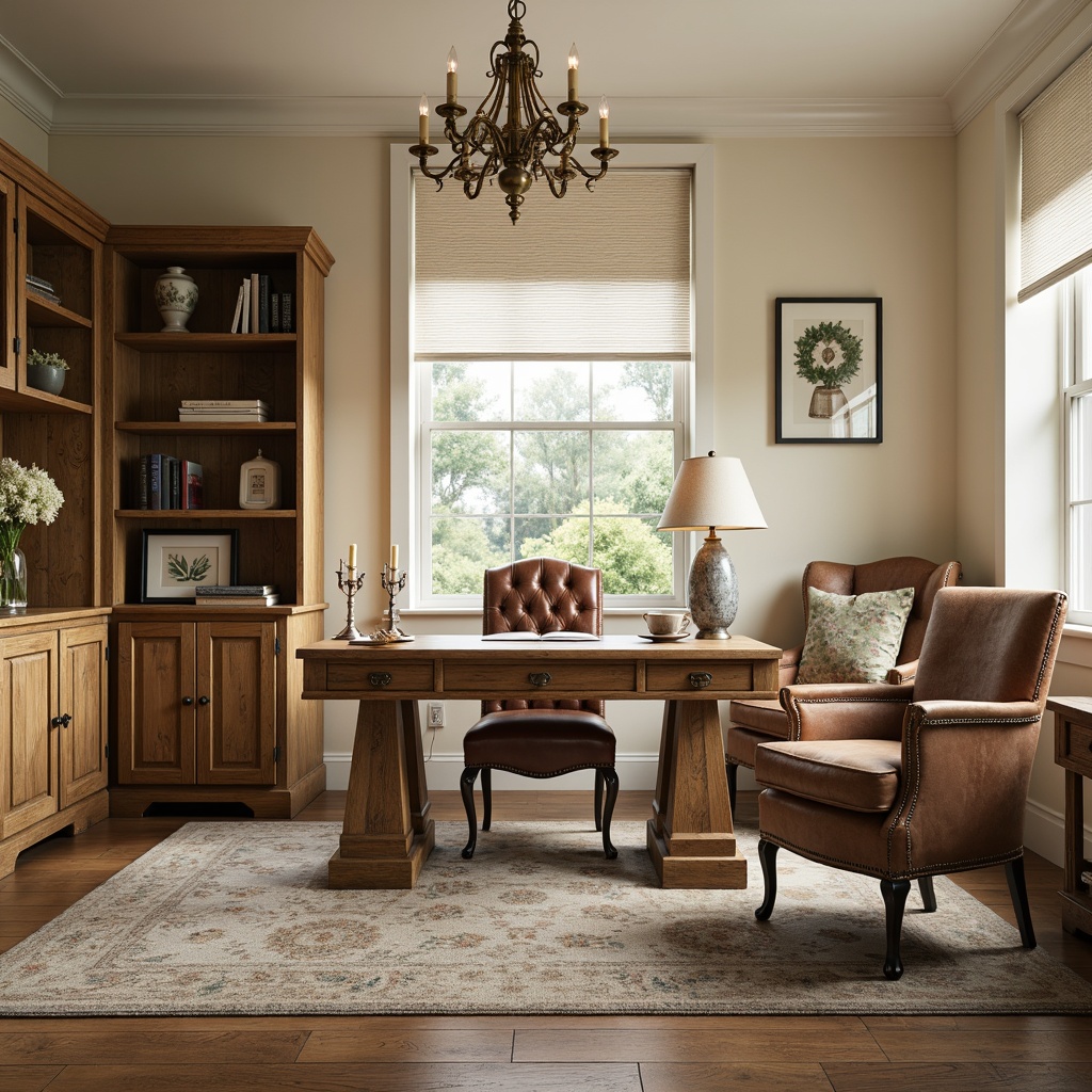 Prompt: Distressed wooden desk, vintage metal chair, soft warm lighting, ornate metal chandelier, linen shade pendant light, candlestick table lamps, mercury glass vase, worn leather armchair, rustic wooden bookshelves, floral patterned rug, cream-colored walls, white wooden blinds, natural fiber textiles, botanical prints, antique clock, distressed finish furniture, warm beige color palette, cozy atmosphere, shallow depth of field, 1/1 composition, soft focus effect.