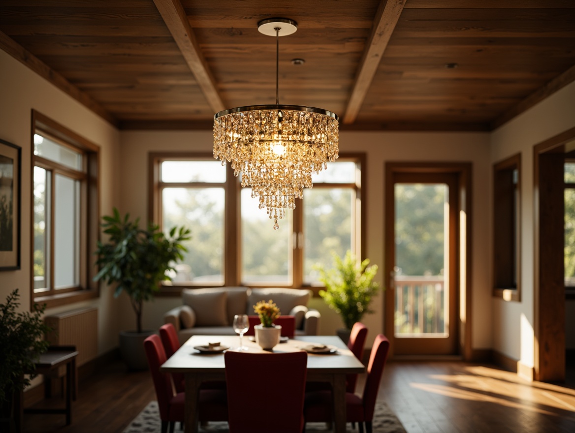 Prompt: Elegant chandelier, sparkling crystals, luxurious gold accents, soft warm glow, sophisticated modern design, minimalist ceiling mount, sleek metal shade, LED illumination, energy-efficient technology, bright ambient lighting, cozy atmosphere, intimate dining area, refined living room, plush furnishings, rich wood tones, subtle color palette, afternoon sunbeams, 1/1 composition, shallow depth of field, realistic textures.