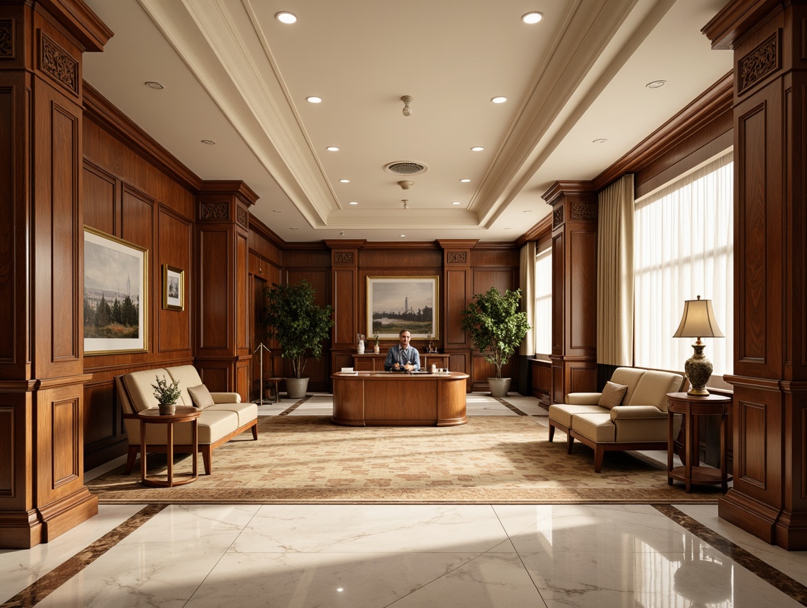 Prompt: Elegant office interior, rich wood paneling, ornate moldings, gilded accents, luxurious marble floors, subtle herringbone patterns, cream-colored walls, soft warm lighting, refined furniture, tufted leather upholstery, classic columnar structures, intricate ceiling details, symmetrical compositions, 1/1 aspect ratio, shallow depth of field, realistic textures, ambient occlusion.