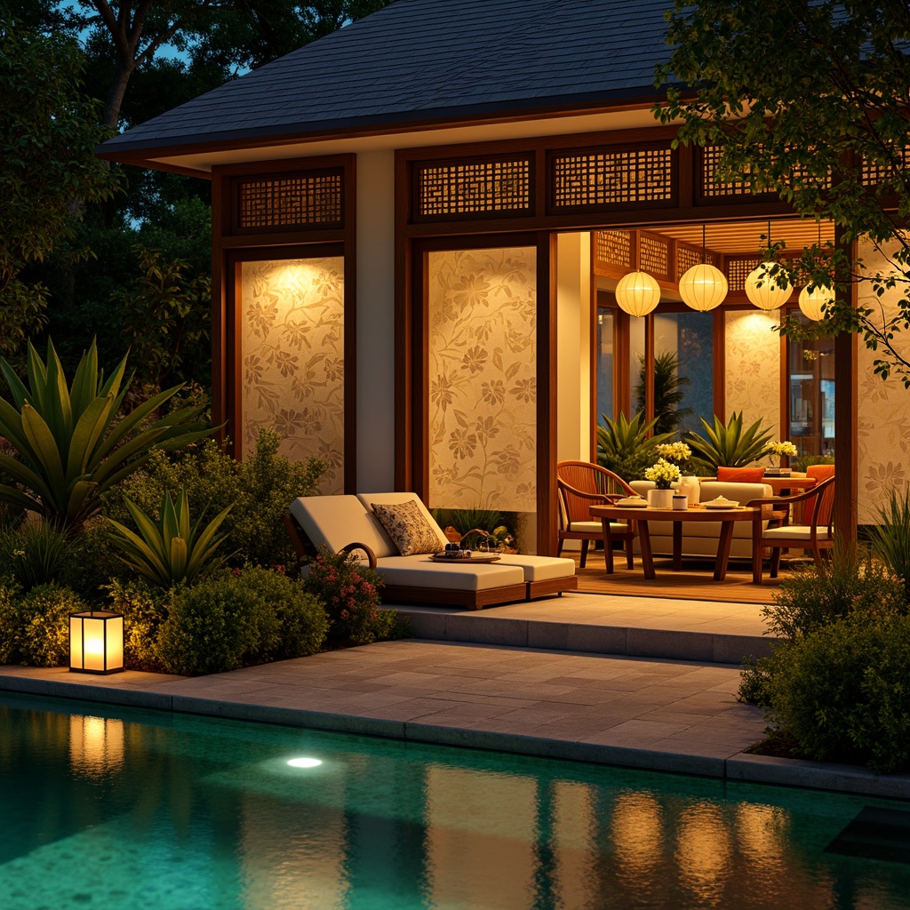 Prompt: Luminous villa, warm golden lighting, soft lanterns, paper lanterns, rice paper shades, natural wood accents, bamboo textures, intricately carved wooden screens, delicate Asian-inspired patterns, luxurious silk fabrics, vibrant turquoise accents, lush greenery, tropical plants, serene water features, gentle misting systems, warm ambient glow, subtle color temperature shifts, cinematic 1/1 composition, shallow depth of field, realistic fabric simulations.