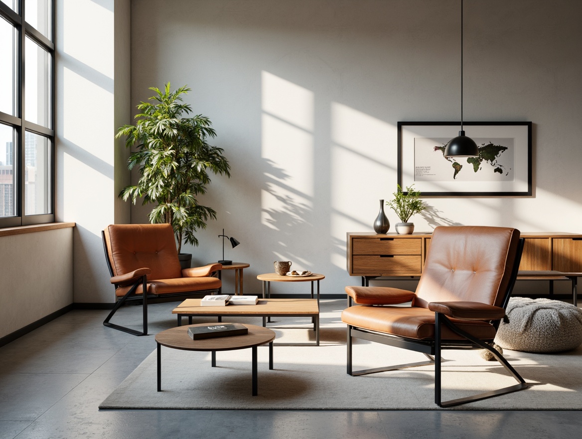 Prompt: Minimalist living room, functional furniture pieces, clean lines, primary colors, tubular steel frames, leather cushions, adjustable armrests, wooden accents, geometric shapes, industrial materials, urban loft setting, natural light pouring in, subtle shadows, soft focus, 1/1 composition, realistic textures, ambient occlusion.