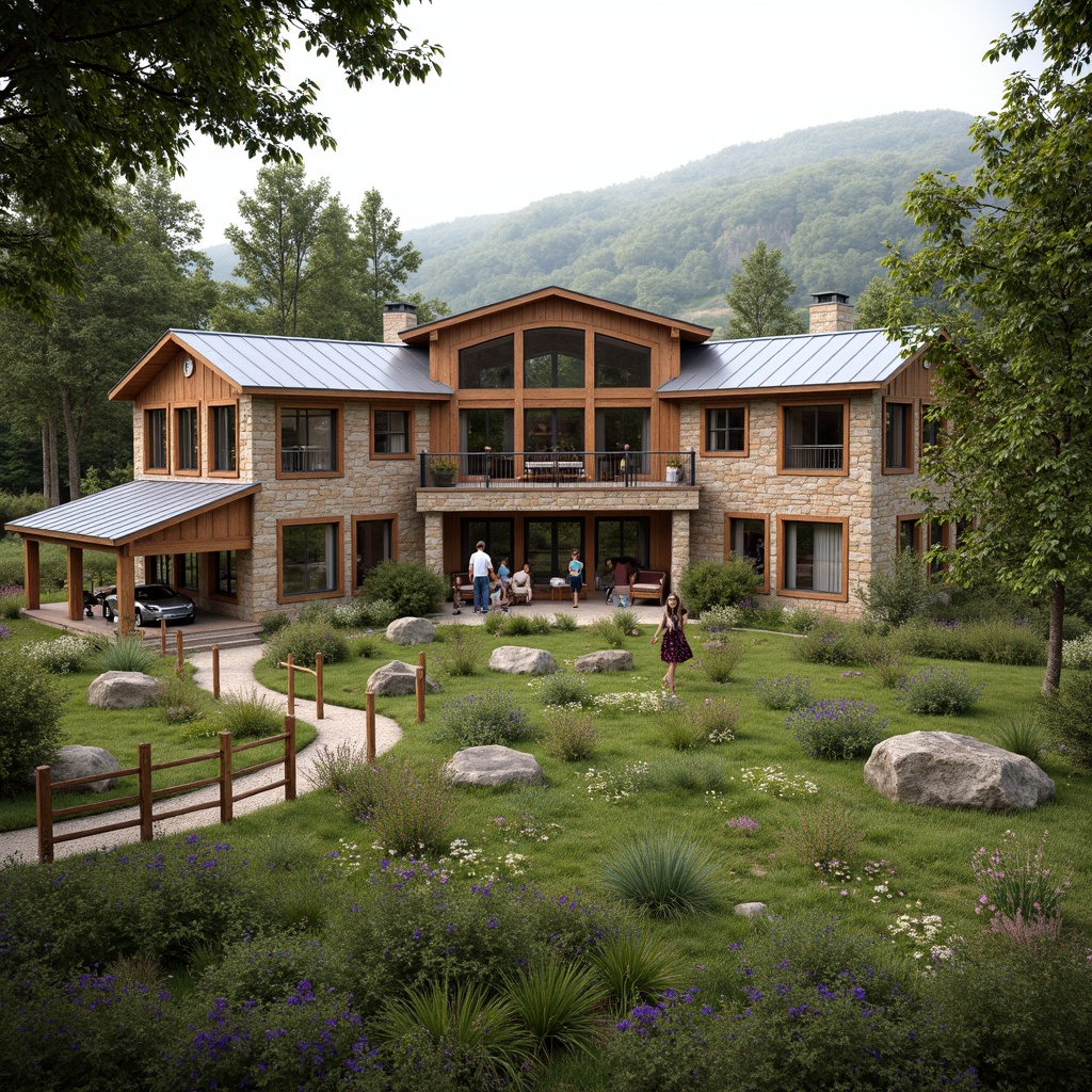 Prompt: Rustic farmhouse, curved amphitheater design, natural stone exterior walls, wooden beam accents, earthy color palette, lush greenery surroundings, wildflowers, meandering pathways, wooden fences, vintage farm equipment, distressed metal roofs, oversized windows, soft warm lighting, shallow depth of field, 3/4 composition, panoramic view, realistic textures, ambient occlusion.