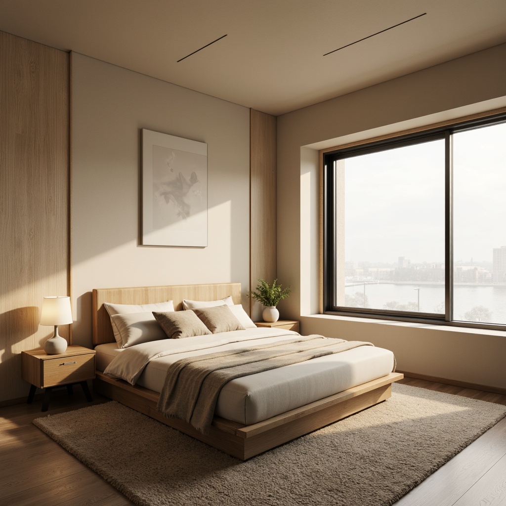 Prompt: Minimalist bedroom, soft ambient lighting, warm beige walls, sleek floor-to-ceiling windows, modern low-profile bed frame, plush area rug, subtle texture variations, natural wood accents, matte black metal fixtures, minimalist decor, calming atmosphere, monochromatic color scheme, smooth wall finishes, gentle sheen, subtle pattern play, 1/1 composition, softbox lighting, realistic render.