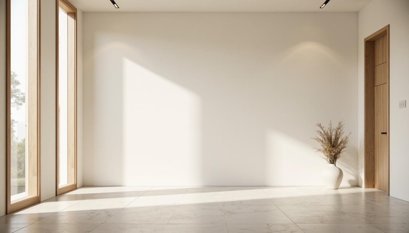 Prompt: Monochromatic minimalist space, soft creamy whites, warm beige tones, pale gray accents, natural wood textures, sleek metal frames, subtle marble patterns, ambient warm lighting, shallow depth of field, 1/1 composition, realistic renderings, soft focus, calming atmosphere, serene ambiance, simplicity emphasis.