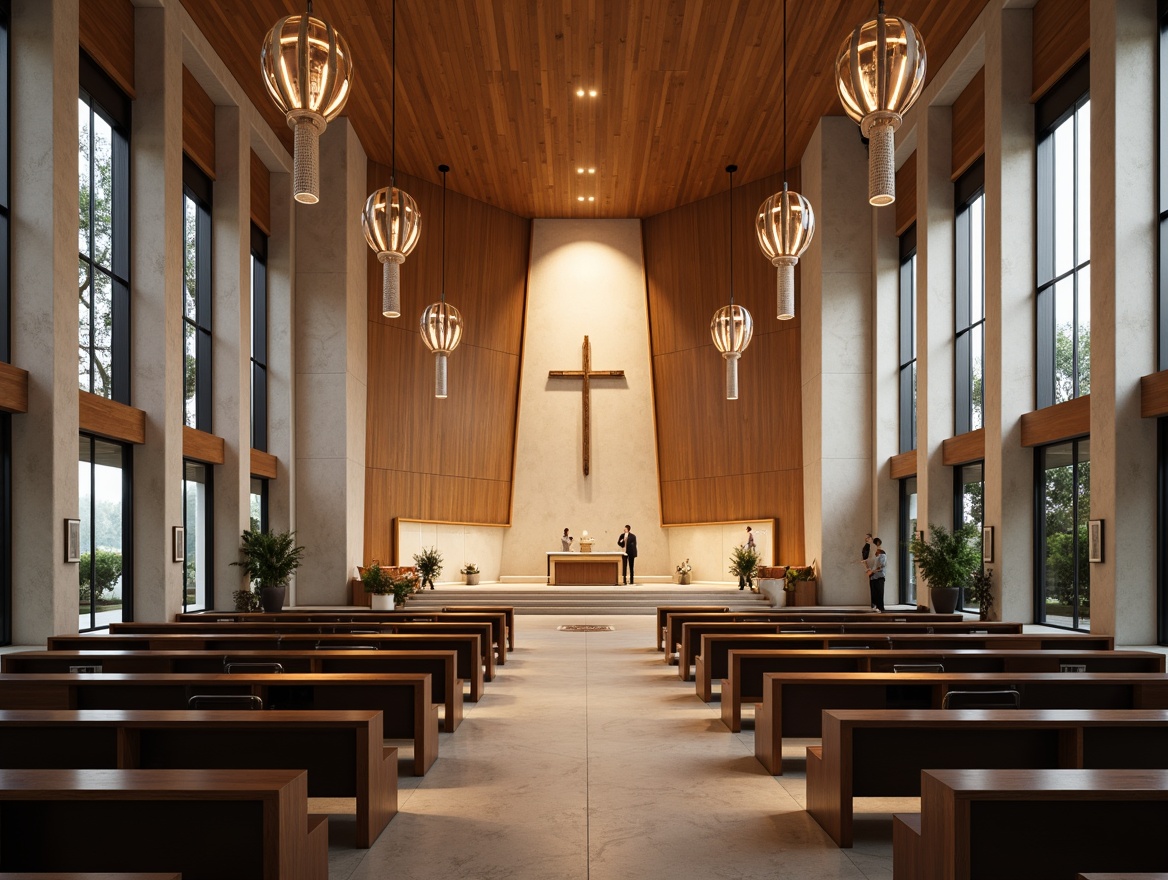 Prompt: Streamlined modern church interior, minimalist altar, sleek wooden pews, innovative light fixtures, LED strips, suspended ceiling lights, geometric chandeliers, ambient warm glow, softbox lighting, natural stone flooring, polished concrete walls, floor-to-ceiling windows, panoramic views, subtle color palette, calming atmosphere, 3/4 composition, symmetrical framing, realistic textures, high-contrast rendering.