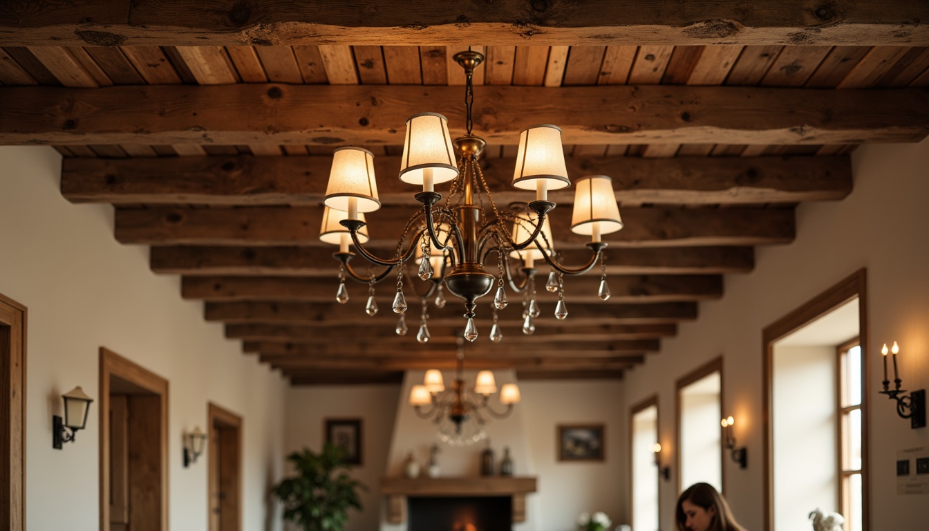 Prompt: Rustic French country chandelier, distressed wooden beams, soft warm candlelight, ornate metalwork, creamy white pendant lights, vintage-inspired lanterns, natural linen shades, earthy terracotta tones, decorative metal straps, elegant crystal drops, warm beige walls, rustic stone flooring, cozy cottage atmosphere, morning softbox lighting, 1/2 composition, intimate warm color palette, realistic texture details.