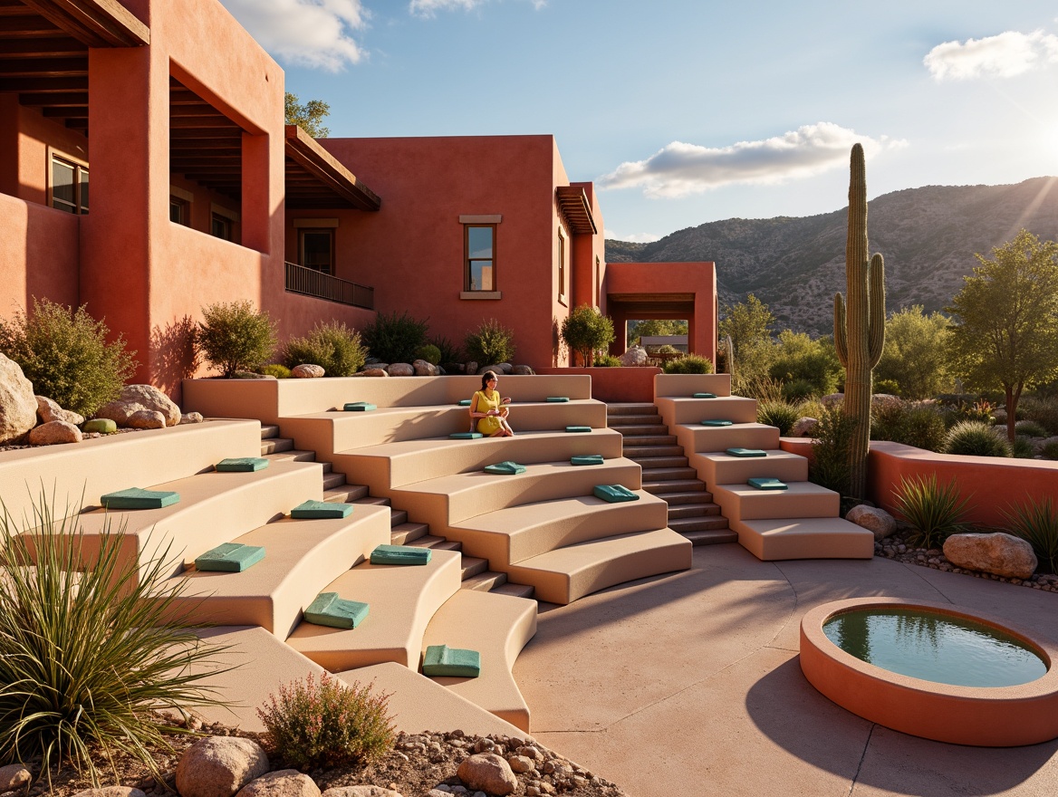 Prompt: Vibrant southwestern amphitheater, adobe-inspired architecture, earthy tones, terracotta red walls, sandy beige seating, turquoise accents, rustic wooden beams, natural stone flooring, desert flora, cacti silhouettes, warm sunny day, soft golden lighting, shallow depth of field, 3/4 composition, panoramic view, realistic textures, ambient occlusion.