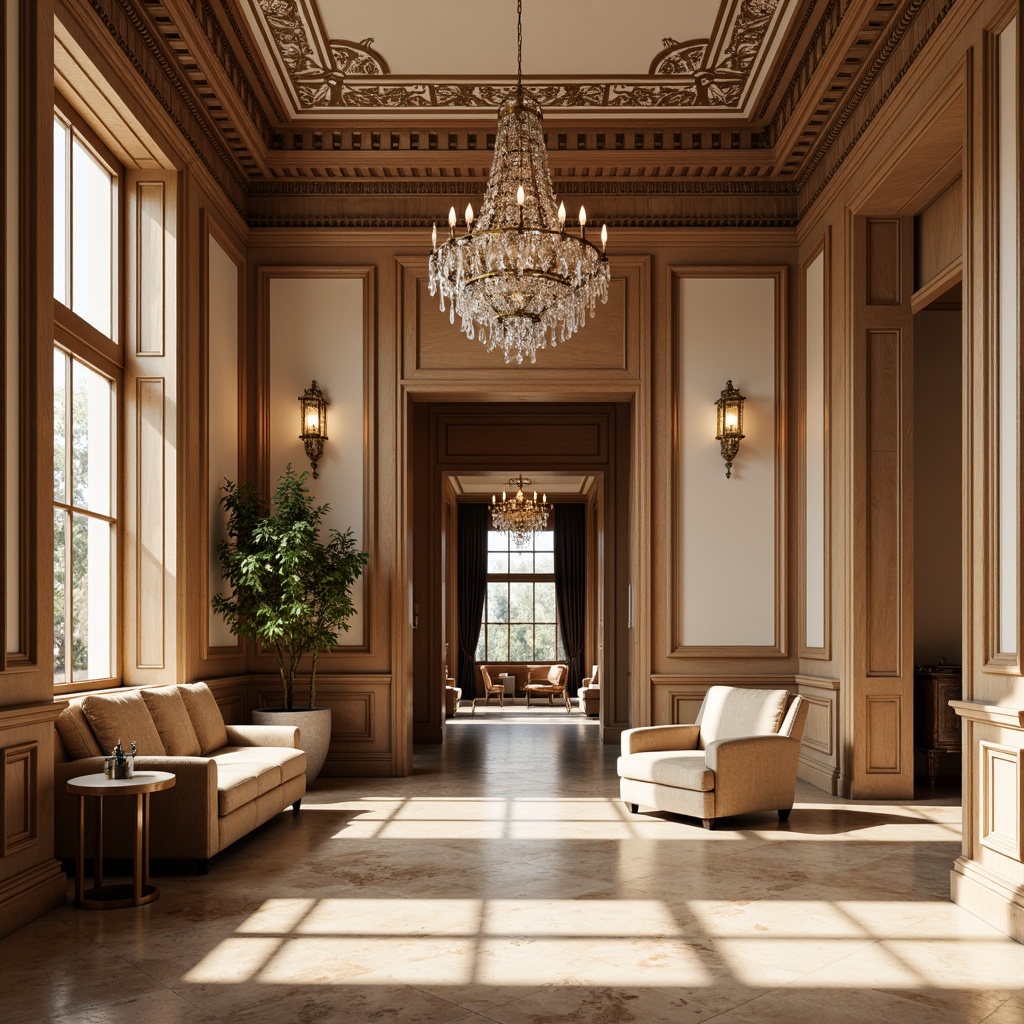 Prompt: Elegant neoclassical interior, rich wood paneling, ornate moldings, intricate carvings, subtle gold accents, soft cream walls, warm beige marble floors, luxurious velvet upholstery, crystal chandeliers, refined furniture silhouettes, harmonious balance of proportions, natural light pouring through tall windows, subtle shadows, soft focus, 1/2 composition, atmospheric perspective, realistic textures, ambient occlusion.