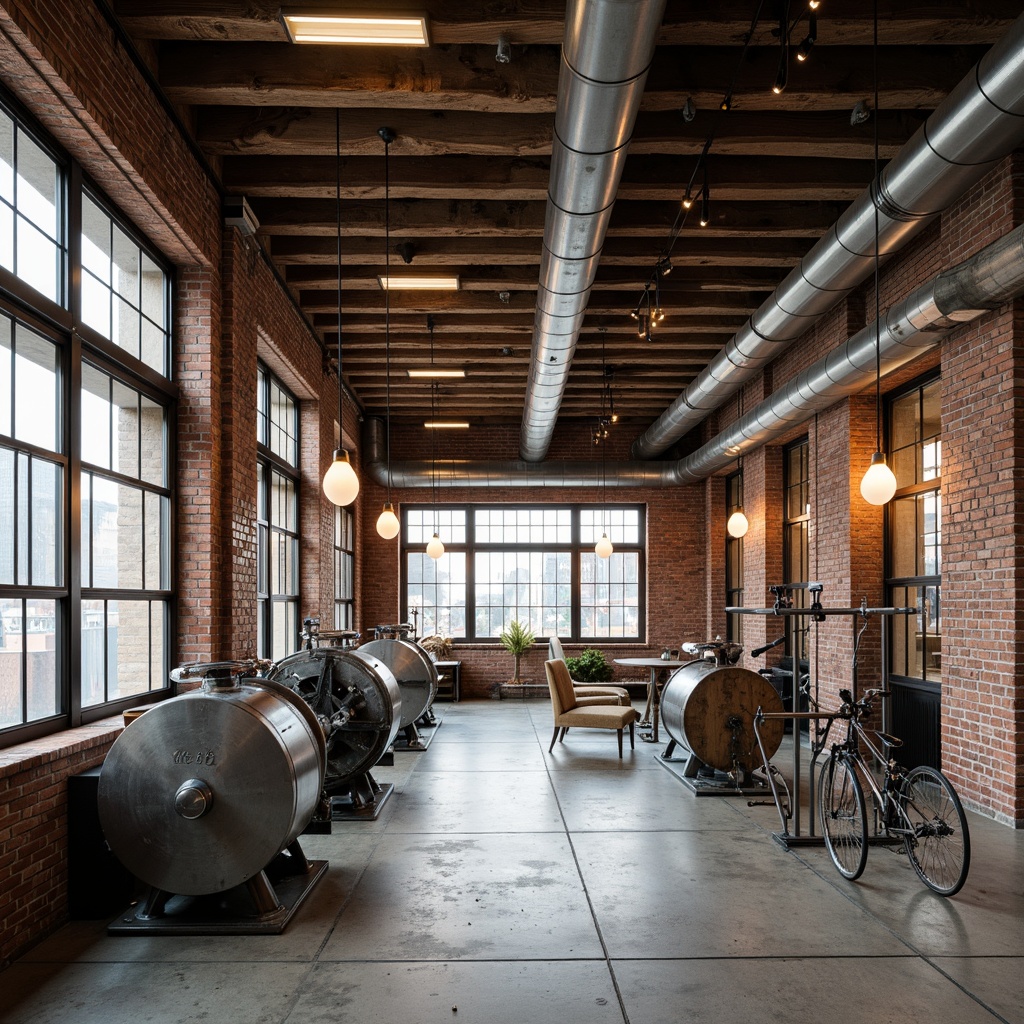 Prompt: Exposed brick walls, industrial pipes, metal beams, reclaimed wood accents, urban loft atmosphere, converted warehouse space, high ceilings, polished concrete floors, steel windows, functional machinery, Edison bulb lighting, distressed finishes, mechanical systems on display, modern minimalist decor, neutral color palette, natural light pouring in, shallow depth of field, 3/4 composition, realistic textures, ambient occlusion.