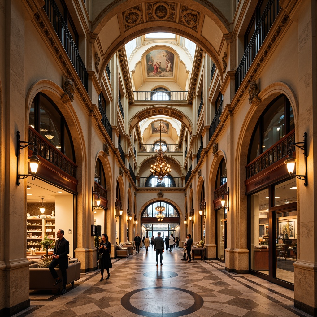 Prompt: Elegant Renaissance-style shopping center, ornate columns with Corinthian capitals, marble flooring, grand archways, high ceilings, intricate moldings, luxurious chandeliers, warm golden lighting, soft focus, shallow depth of field, 1/2 composition, symmetrical framing, ornate balconies, carved wooden accents, frescoed ceiling murals, Baroque-inspired ornamentation, rich velvet drapes, polished bronze fixtures, grand staircases, sweeping curves, dramatic shadows.