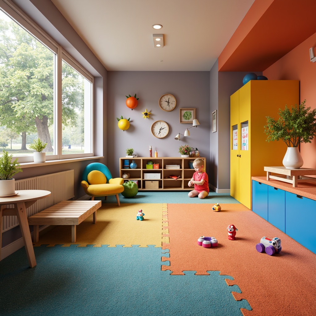 Prompt: Vibrant playroom, soft carpet flooring, bright colors, educational toys, child-sized furniture, playful patterns, kid-friendly decor, safe and durable materials, easy-to-clean surfaces, stain-resistant treatments, acoustic sound absorption, comfortable seating areas, natural daylight, gentle warm lighting, shallow depth of field, 1/1 composition, realistic textures, ambient occlusion.