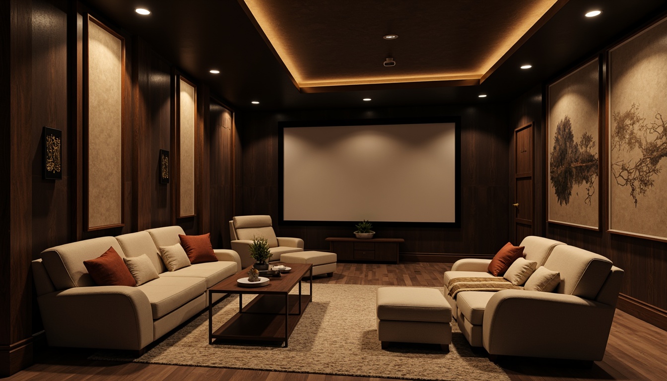 Prompt: Cozy home theater, sound-absorbing acoustic panels, dark wood accents, soft cushioned seating, dimmable warm lighting, rich textiles, comfortable throw blankets, modern minimalist design, sleek lines, recessed LED lights, atmospheric fog effects, cinematic experience, 1/1 composition, shallow depth of field, realistic textures, ambient occlusion.