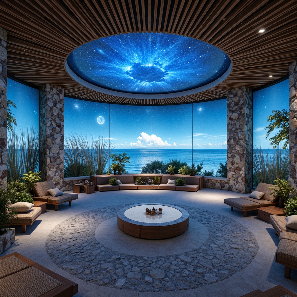 Prompt: Coastal-themed planetarium interior, driftwood accents, sea-salt textured walls, ocean-inspired blues and whites, soft sandy flooring, wave-patterned carpets, coral reef-inspired decorative elements, starry night sky projections, domed ceiling, circular seating arrangement, ambient LED lighting, calming ocean sounds, natural stone feature walls, reclaimed wood benches, woven sea grass-inspired furniture upholstery, nautical rope details, glass-enclosed observatory, 360-degree panoramic view, soft focus photography style, shallow depth of field, realistic texture rendering.