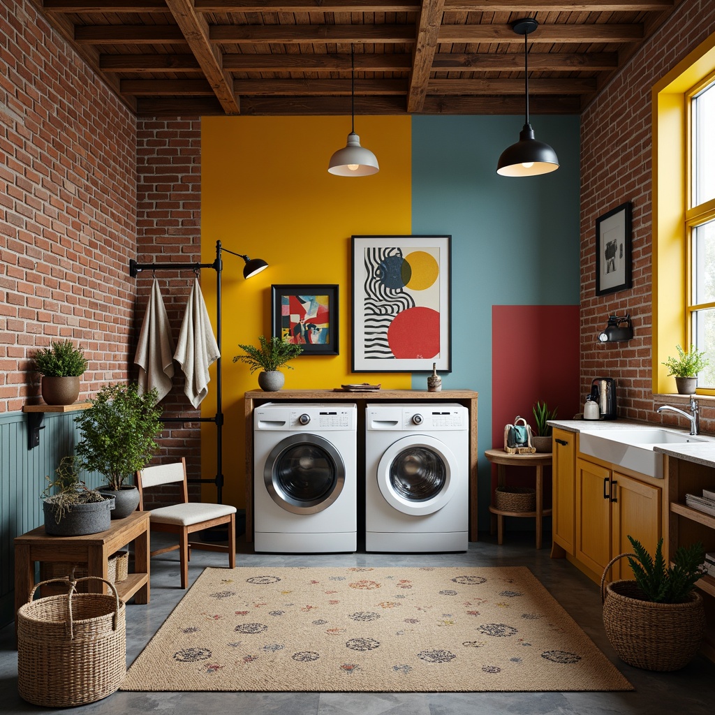 Prompt: Vibrant laundry room, bold color blocking, abstract artwork, geometric patterns, eclectic furniture, distressed wood accents, industrial metal decor, exposed brick walls, reclaimed wooden crates, vintage washing machines, retro-style dryers, decorative ironing boards, woven baskets, natural linen textiles, soft warm lighting, shallow depth of field, 1/1 composition, intimate atmosphere, realistic textures, ambient occlusion.