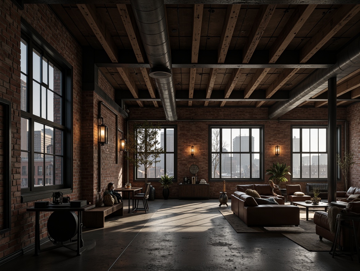 Prompt: Exposed brick walls, metal beams, reclaimed wood accents, industrial-style lighting fixtures, concrete floors, urban cityscape, abandoned factory backdrop, distressed textures, gritty atmosphere, monochromatic color scheme, metallic materials, functional pipes, vintage machinery, worn leather furniture, Edison bulbs, moody dramatic lighting, high contrast ratio, 1/2 composition, cinematic mood, realistic weathering effects.