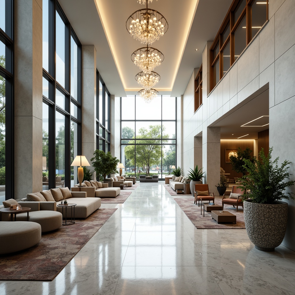 Prompt: Spacious hotel lobby, minimalist decor, sleek lines, polished marble floors, modern chandeliers, floor-to-ceiling windows, natural light, open space concept, airy atmosphere, comfortable lounge seating, greenery accents, simple color palette, luxurious textiles, subtle patterned rugs, geometric-shaped furniture, metallic accents, ambient lighting, soft shadows, shallow depth of field, 3/4 composition, panoramic view, realistic textures, ambient occlusion.