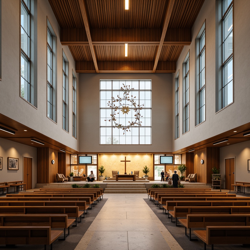 Prompt: Modern church interior, minimalist pews, sleek wooden accents, natural stone flooring, stained glass windows, dramatic high ceilings, subtle lighting, calm atmosphere, elegant chandeliers, simplified altar design, neutral color palette, clean lines, geometric patterns, comfortable seating areas, acoustic panels, state-of-the-art sound systems, projection screens, lecterns, plush carpets, warm wood tones, abstract art pieces, spiritual symbols, peaceful ambiance, softbox lighting, 1/1 composition, shallow depth of field.