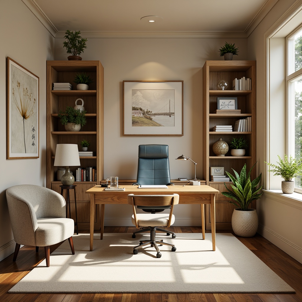 Prompt: Cozy home office, wooden desk, ergonomic chair, bookshelves, framed artwork, plants on shelves, warm beige walls, soft cream-colored carpet, calming natural light, gentle shadows, earthy tone accents, soothing blue-green palette, balanced composition, 1/1 ratio, subtle texture overlay, realistic rendering.