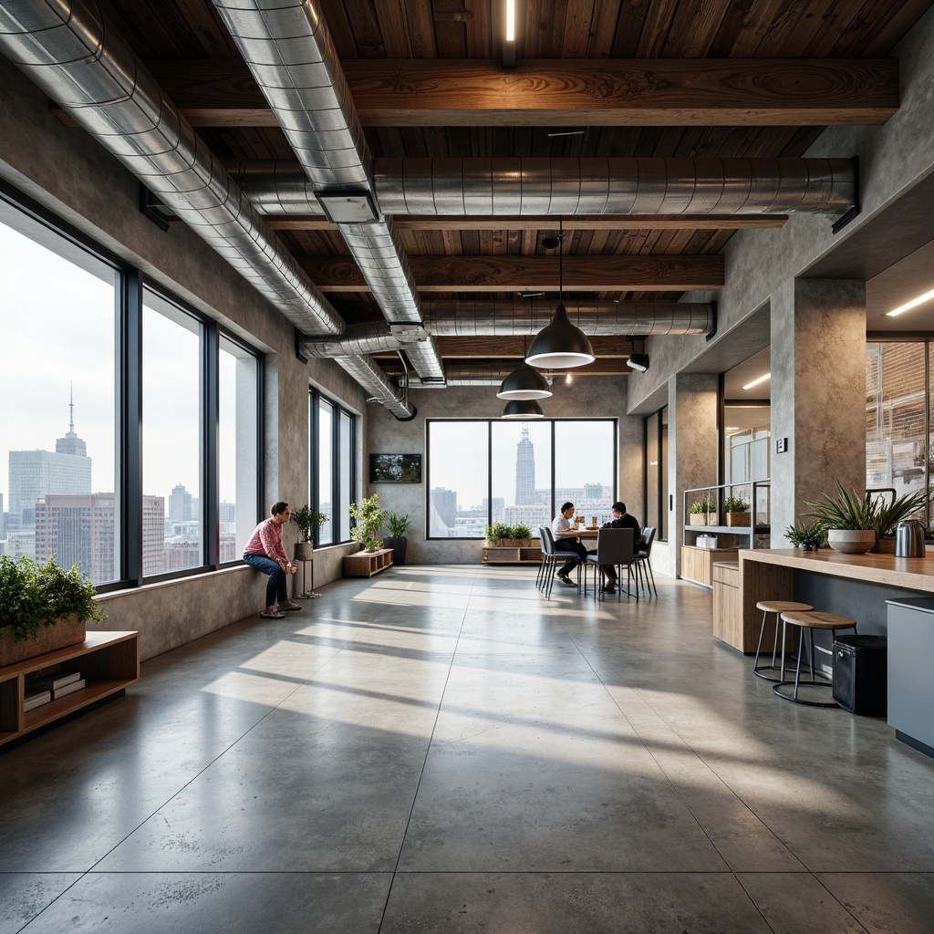 Prompt: Exposed ductwork, polished concrete floors, industrial metal beams, reclaimed wood accents, functional pipes, minimalist lighting fixtures, urban loft atmosphere, open space planning, flexible working areas, collaborative zones, modern factory machinery, metallic equipment, neutral color palette, abundant natural light, large windows, sliding glass doors, cityscape views, soft gradient shadows, 1/1 composition, realistic material textures, subtle ambient occlusion.