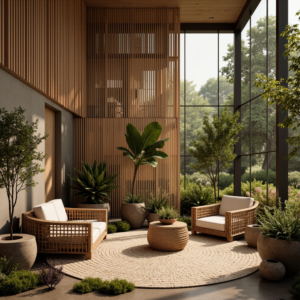 Prompt: Earthy tones, natural materials, organic shapes, wooden accents, stone walls, woven textiles, rattan furniture, potted plants, moss-covered paths, forest-inspired patterns, warm beige lighting, soft shadows, shallow depth of field, 1/1 composition, realistic textures, ambient occlusion.