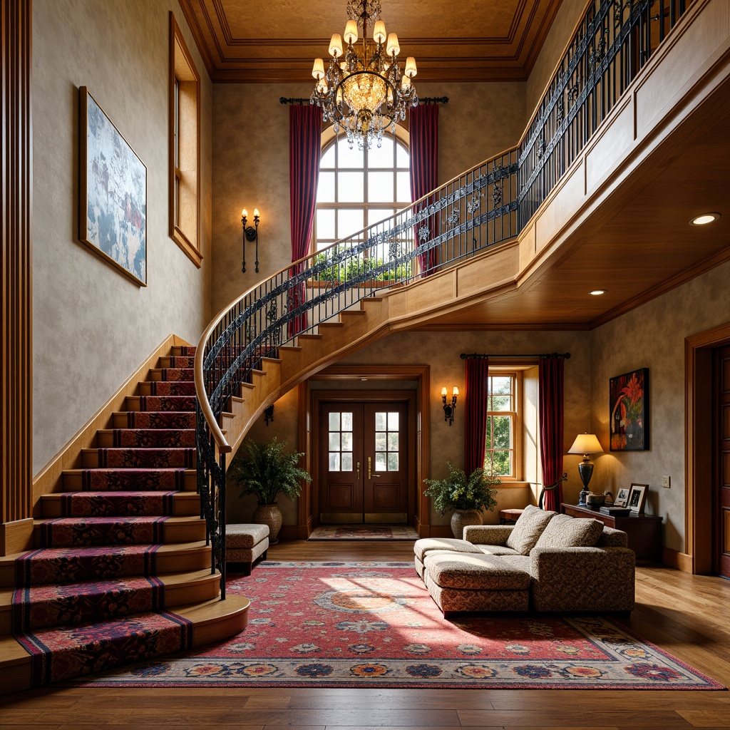 Prompt: Grand foyer, sweeping eclectic staircase, ornate iron railings, polished wooden steps, vibrant colorful carpeting, dramatic chandelier lighting, stately stone walls, high ceilings, elaborate moldings, luxurious textiles, statement furniture pieces, abstract artwork, warm golden tones, soft diffused lighting, shallow depth of field, 1/2 composition, realistic textures, ambient occlusion.