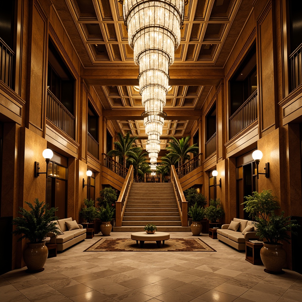 Prompt: Opulent Art Deco lobby, luxurious chandeliers, crystal droplets, metallic accents, geometric patterns, ornate fixtures, sconce lighting, lavish materials, marble floors, grand staircases, vintage charm, warm ambient glow, softbox lighting, dramatic shadows, 1/2 composition, low-angle shot, cinematic mood, high-contrast ratio.