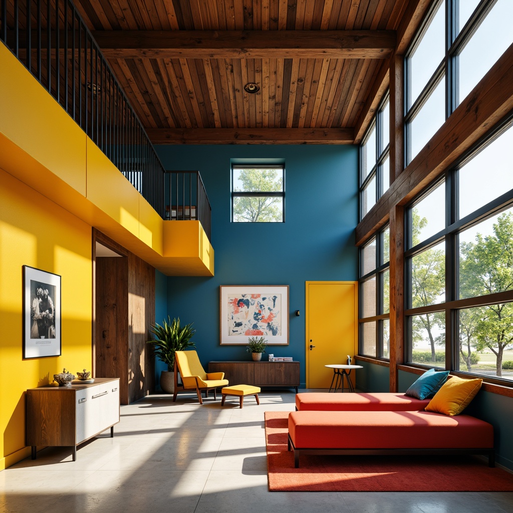 Prompt: Vibrant Bauhaus-inspired pavilion interior, bold primary colors, bright yellows, deep blues, rich reds, neutral whites, industrial metal accents, sleek wooden textures, geometric patterns, minimalist decor, abstract artwork, natural light filtering, soft warm ambiance, 1/1 composition, realistic reflections, subtle gradient effects.