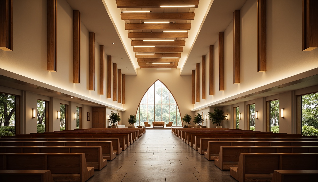 Prompt: Contemporary church interior, minimalist decor, soft warm lighting, ambient illumination, LED strip lights, suspended ceiling fixtures, stained glass windows, natural stone floors, wooden pews, subtle color palette, serene atmosphere, high ceilings, ornate chandeliers, dimmable spotlights, wall washers, cove lighting, indirect lighting, softbox lights, realistic textures, shallow depth of field, 3/4 composition, panoramic view.