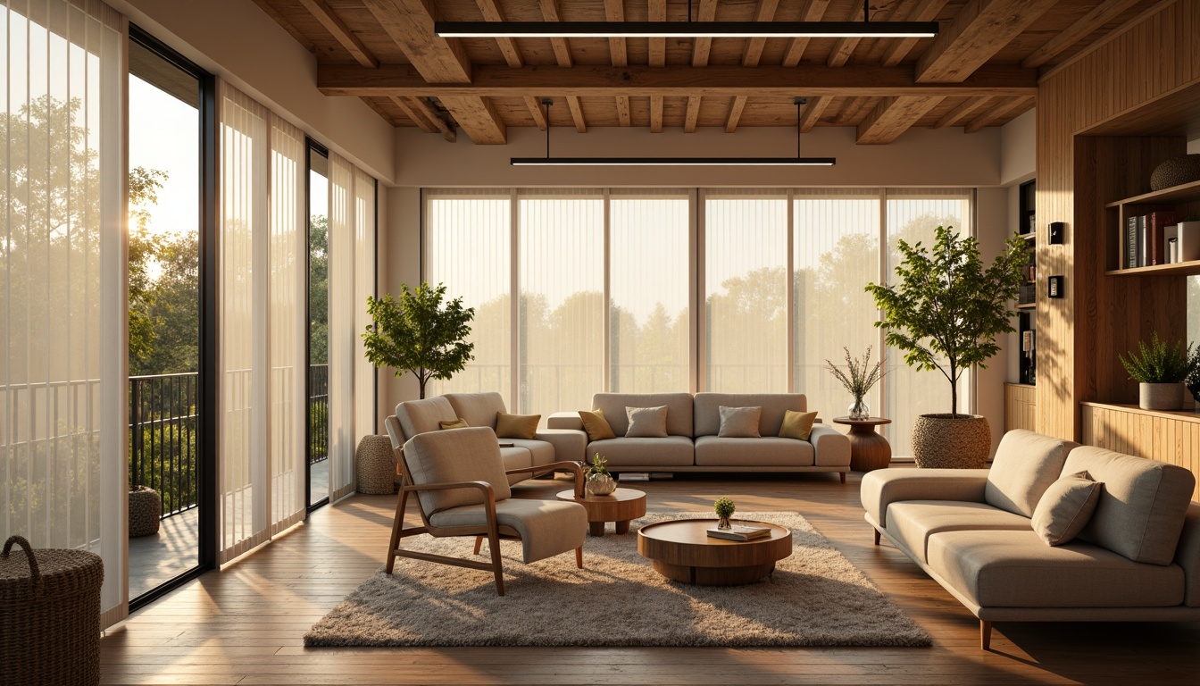 Prompt: Modern living room, cozy atmosphere, warm golden lighting, sleek metal fixtures, minimalist design, soft glow, pendant lamps, recessed lights, floor-to-ceiling windows, sheer white curtains, plush beige sofas, natural wood coffee tables, vibrant greenery, afternoon sunlight, subtle shadows, 1/1 composition, realistic textures.