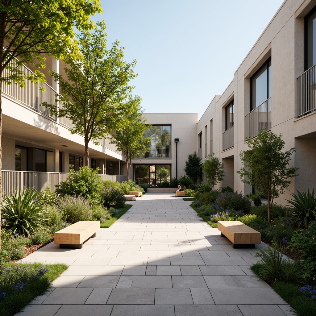 Prompt: Minimalist community center, open courtyard, natural stone flooring, simplistic benches, lush greenery, modern architecture, clean lines, minimal ornamentation, neutral color palette, abundant natural light, soft warm lighting, shallow depth of field, 3/4 composition, panoramic view, realistic textures, ambient occlusion.