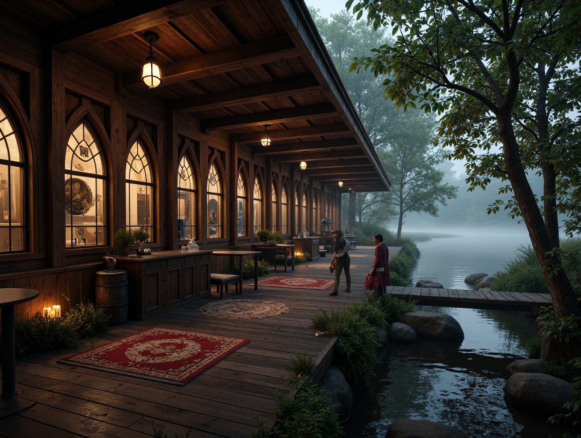 Prompt: Rustic boathouse, Gothic arches, wooden beams, dim warm lighting, flickering candles, lanterns, mysterious shadows, eerie ambiance, misty atmosphere, foggy mornings, lakeside setting, overgrown vegetation, ancient trees, moss-covered stones, worn wooden docks, creaking floorboards, ornate metalwork, stained glass windows, rich velvet textiles, mystical symbols, dramatic spotlighting, low-key illumination, cinematic composition, atmospheric perspective.