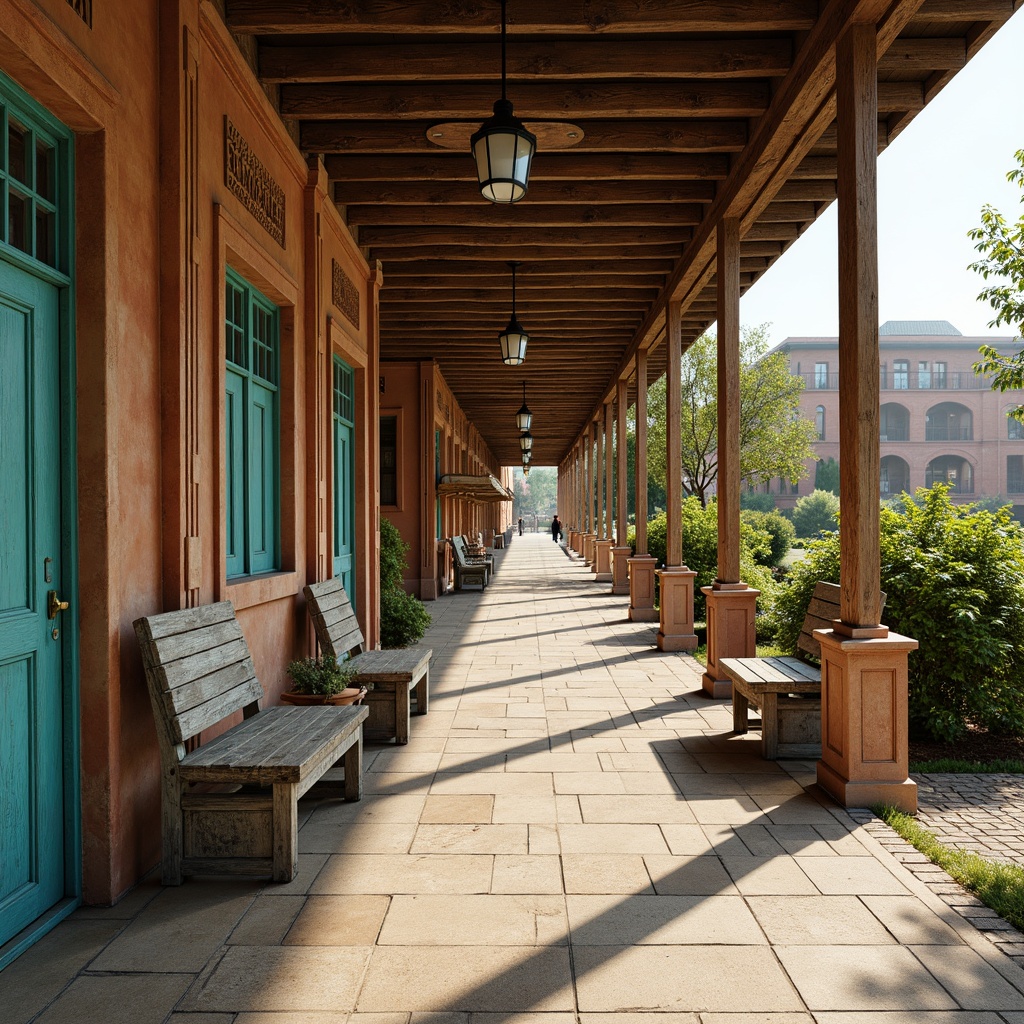 Prompt: Rustic bus station, traditional Indian architecture, ornate facades, vibrant turquoise accents, intricate stone carvings, distressed wooden benches, vintage lanterns, decorative ironwork, natural stone flooring, earthy color palette, lush greenery, warm sunny day, soft diffused lighting, shallow depth of field, 1/2 composition, realistic textures, ambient occlusion.