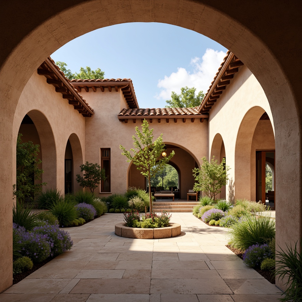 Prompt: Warm Mediterranean villa, curved arches, rustic stone walls, terracotta roof tiles, lush greenery, blooming flowers, tranquil courtyard, natural light pouring in, large windows, sliding glass doors, minimal shading devices, soft warm glow, high ceiling, airy interior, elegant columns, ornate wooden beams, earthy color palette, textured stucco finish, weathered wood accents, serene ambiance, 1/2 composition, gentle bokeh effect, subtle lens flare.