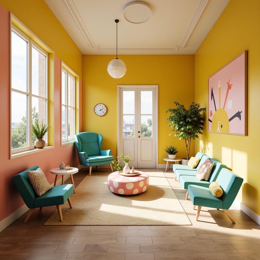 Prompt: Vibrant yellow walls, soft pink accents, creamy white trim, warm beige floors, lively turquoise furniture, playful polka dots, whimsical stripes, natural light pouring in, airy open spaces, minimal ornamentation, cozy textiles, inviting atmosphere, joyful ambiance, bright sunny day, gentle warm lighting, shallow depth of field, 1/1 composition, realistic renderings, ambient occlusion.