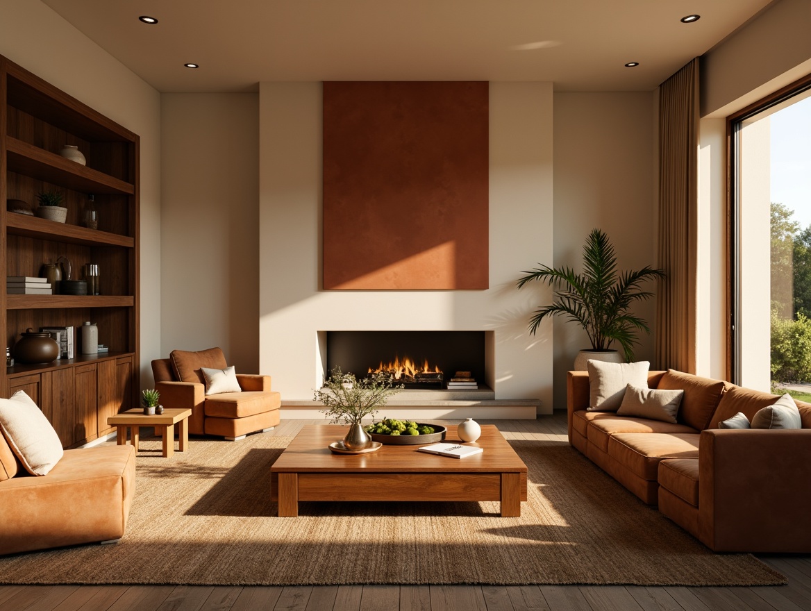 Prompt: Cozy living room, warm beige walls, rich walnut wood furniture, plush velvet sofas, soft golden lighting, earthy terracotta accents, natural fiber rugs, minimalist decorative accessories, calming atmosphere, serene ambiance, 1/1 composition, shallow depth of field, warm color temperature, realistic textures.