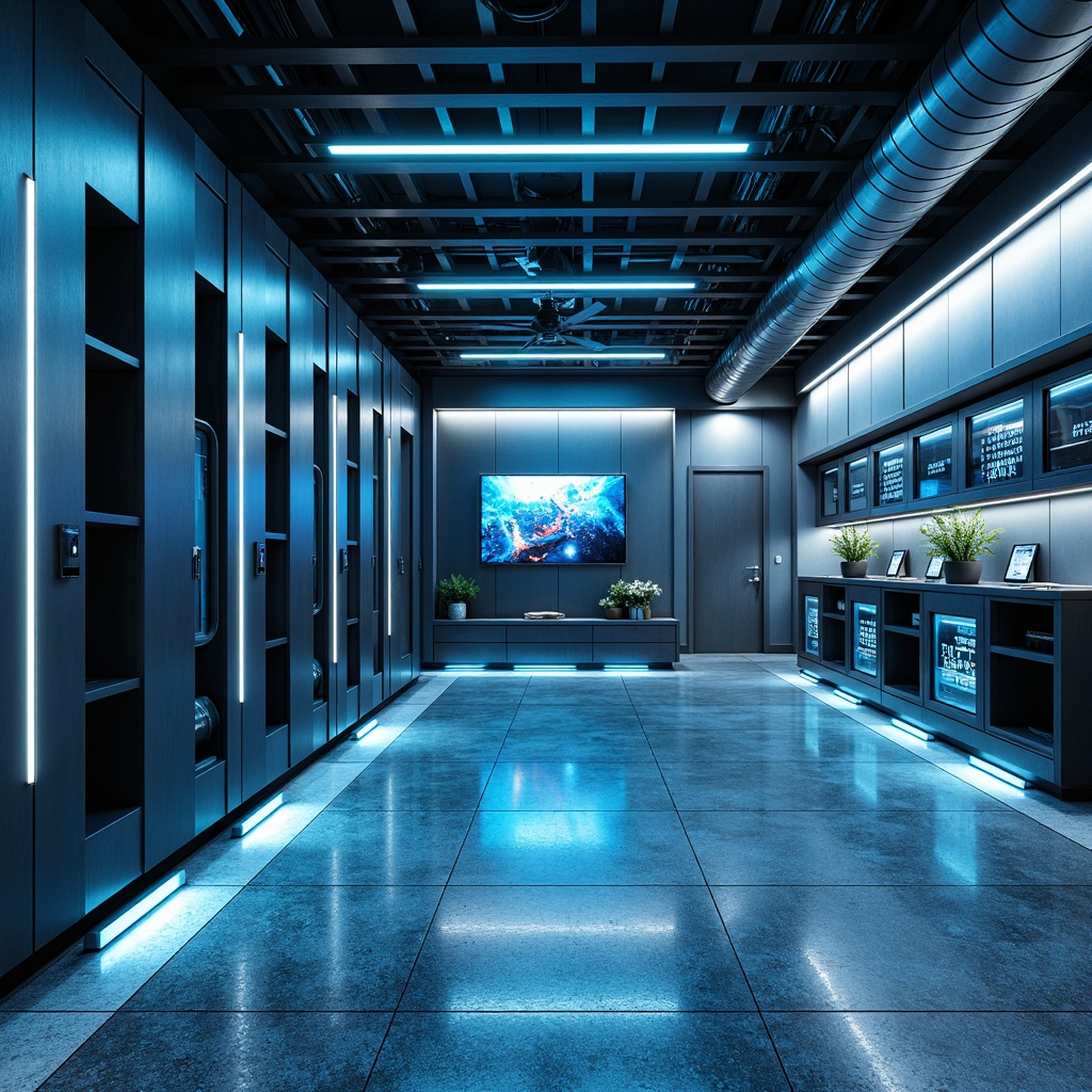 Prompt: Futuristic mudroom, sleek metal lockers, neon-lit LED strips, glowing accents, high-gloss epoxy floors, iridescent glass tiles, minimalist shelving units, ambient overhead lighting, soft blue undertones, industrial-style pendant lamps, exposed ductwork, metallic wall panels, holographic display screens, cyberpunk-inspired color schemes, 3D-printed decorative elements, transparent storage bins, automatic sliding doors, motion-sensing floor lights, immersive virtual reality experiences.