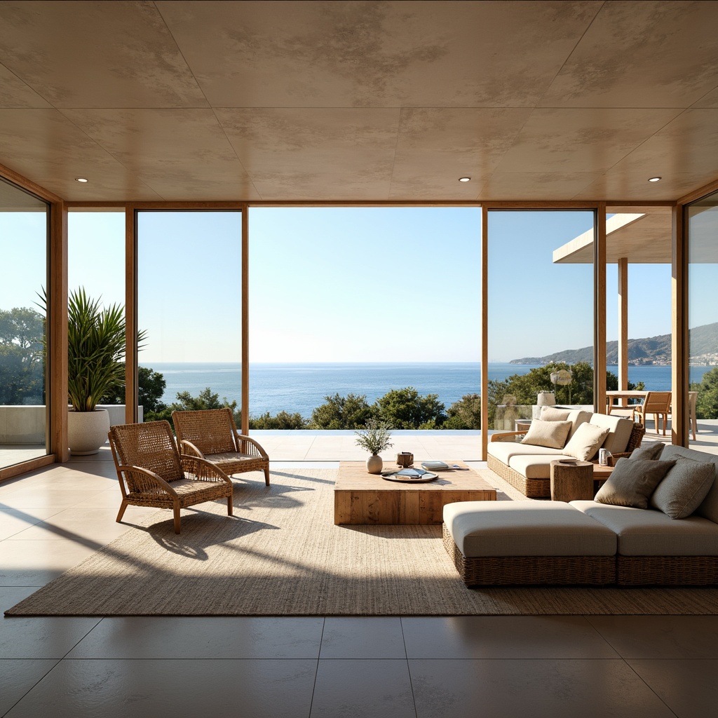 Prompt: Coastal open space, ocean views, floor-to-ceiling windows, sliding glass doors, minimalist decor, natural textures, driftwood accents, sea-inspired color palette, calming ambiance, soft warm lighting, shallow depth of field, 3/4 composition, panoramic view, realistic renderings, ambient occlusion, beachy vibe, nautical elements, coral patterns, woven rattan furniture, linen upholstery, organic shapes, earthy tones, serene atmosphere.