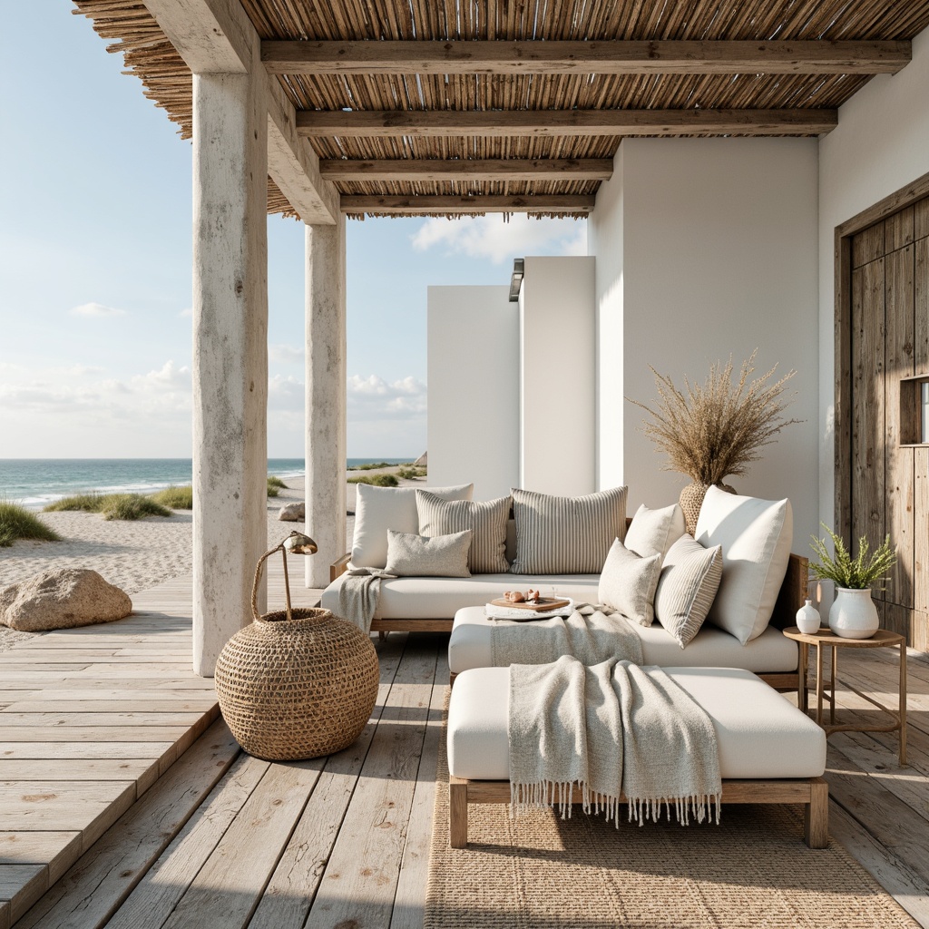 Prompt: Weathered wooden planks, distressed finishes, soft ocean breeze, warm sandy beach, driftwood decorations, natural fiber textiles, woven sea grass, coral-inspired patterns, rustic metal accents, reclaimed wood furniture, plush linen upholstery, calming color palette, creamy whites, soothing blues, misty mornings, gentle sunlight, shallow depth of field, 1/1 composition, realistic textures, ambient occlusion.