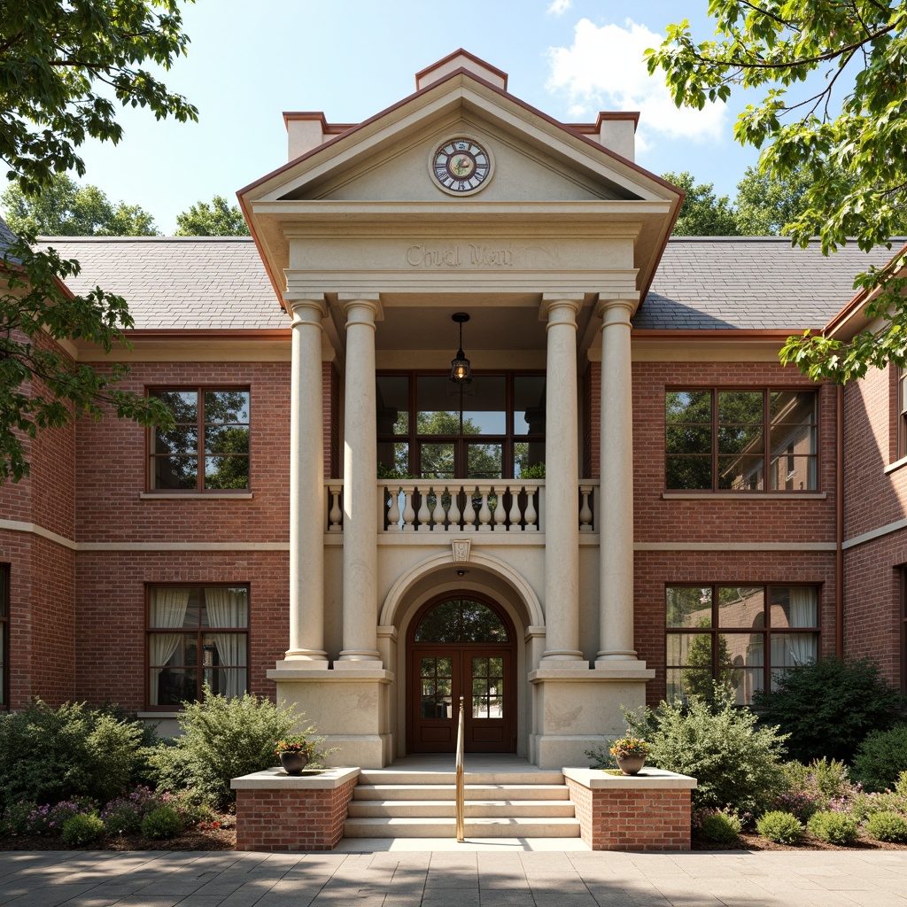 Prompt: Traditional elementary school building, classical architecture style, symmetrical facade, grand entrance, ornate columns, decorative pilasters, red brick walls, limestone trim, slate roof tiles, copper gutters, wooden doors, bronze hardware, vintage lighting fixtures, nostalgic color palette, earthy tones, warm beige, soft cream, sunny afternoon, natural light pouring in, shallow depth of field, 1/2 composition, realistic textures, ambient occlusion.