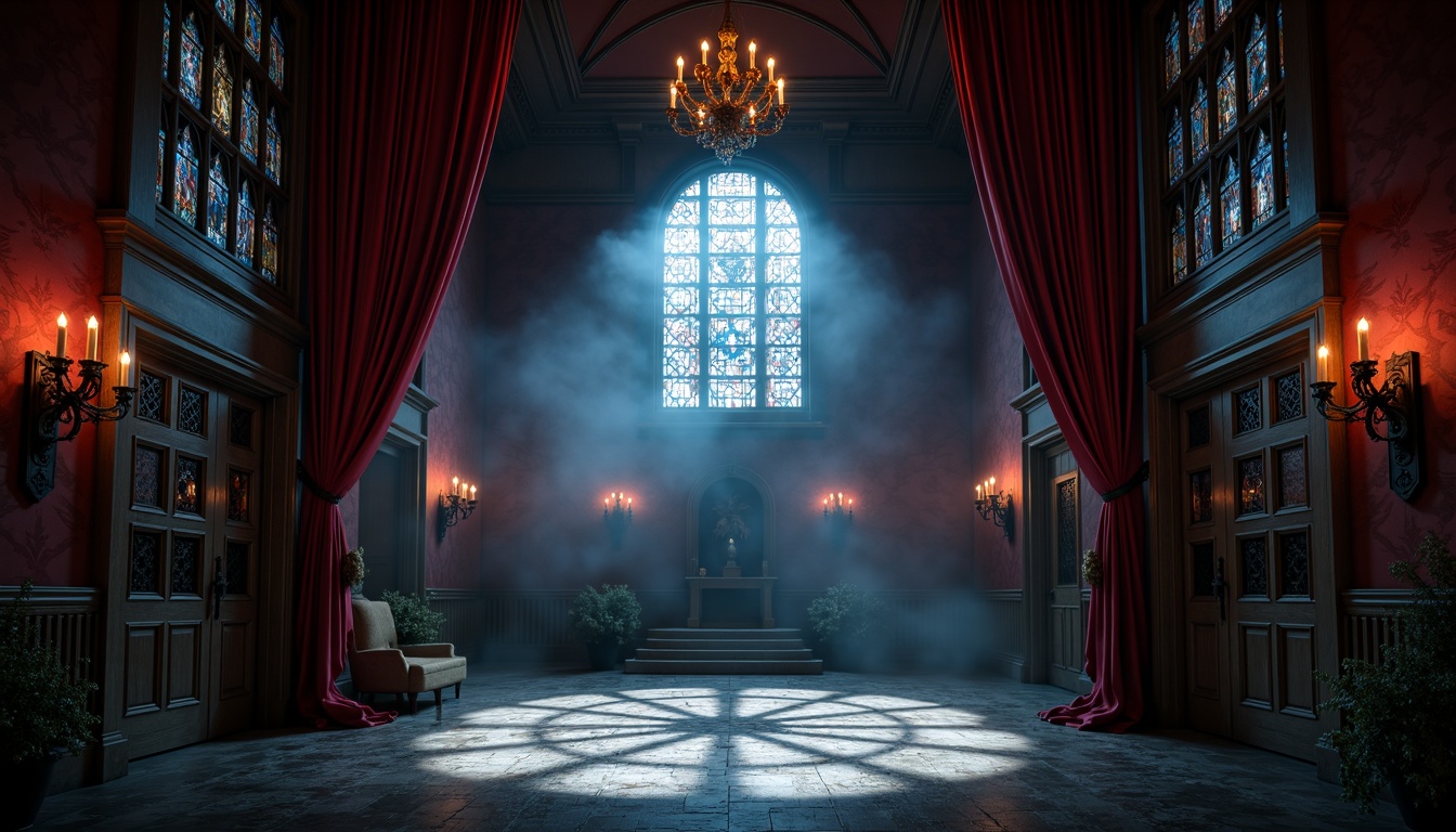 Prompt: Dark, mysterious atmosphere, dimly lit stage, rich velvet drapes, crimson red walls, black metal accents, ornate chandeliers, foggy mist effects, eerie shadows, grandiose architecture, vaulted ceilings, stained glass windows, mystical symbols, ancient Gothic patterns, worn stone floors, candlelit corridors, heavy metal doors, dramatic spotlights, deep blues and purples, rich jewel tones, ominous dark greys, mysterious black lights, 3/4 composition, low-key lighting, cinematic mood.