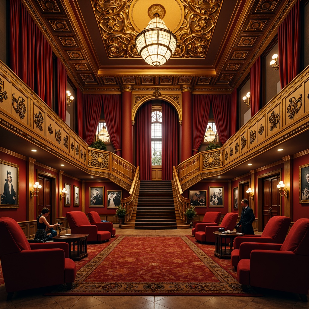 Prompt: Luxurious cinema interior, ornate golden accents, rich velvet curtains, intricate molding patterns, grandiose chandeliers, majestic staircases, opulent furniture upholstery, lavish carpeting, classic film posters, vintage cameras, antique lighting fixtures, warm softbox lighting, shallow depth of field, 1/1 composition, cinematic color palette, dramatic shadows, ornate plasterwork, gilded decorations, red velvet ropes, grand entrance doors, marble flooring, elegant typography.