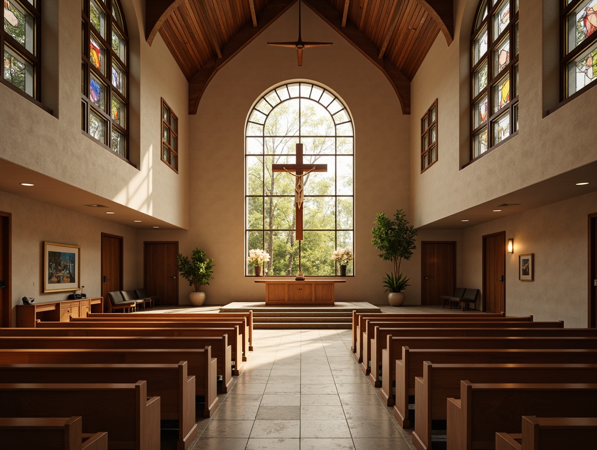 Prompt: Contemporary church interior, minimalistic altar, stained glass windows, warm wooden pews, natural stone flooring, ambient soft lighting, subtle texture contrast, modern Christian symbols, abstract geometric patterns, monochromatic color scheme, elegant simplicity, serene atmosphere, shallow depth of field, 1/1 composition, realistic materials, subtle ambient occlusion.