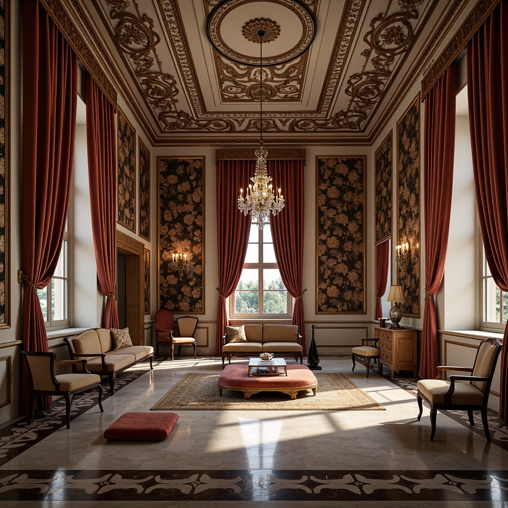 Prompt: Ornate wallpaper, rich velvet drapes, intricately carved wooden paneling, polished marble floors, ornamental plaster ceilings, crystal chandeliers, luxurious silk fabrics, antique furniture pieces, intricate moldings, soft warm lighting, shallow depth of field, 3/4 composition, realistic textures, ambient occlusion.