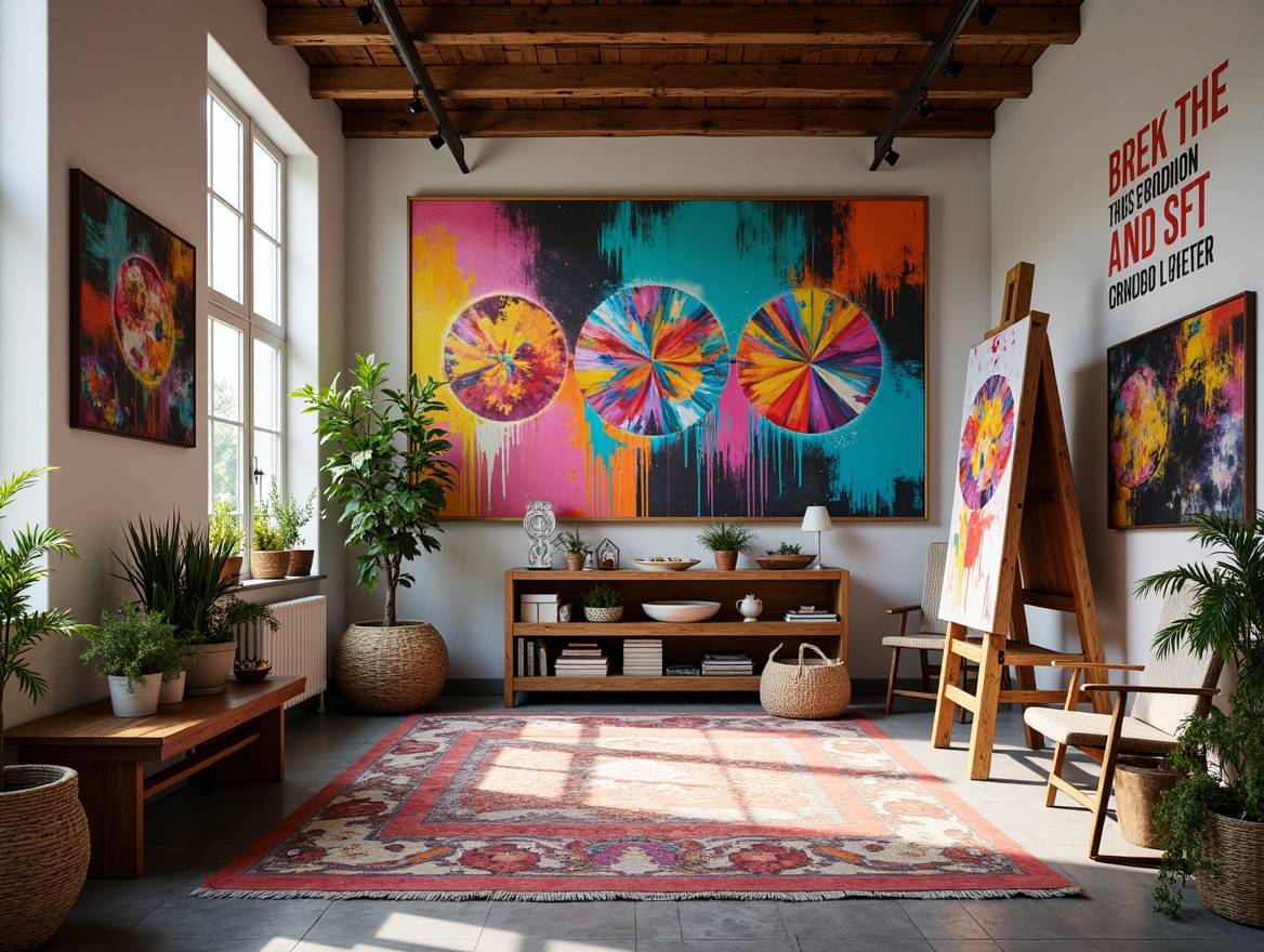 Prompt: Vibrant art studio, eclectic mix of colors, bold brushstrokes, abstract expressionism, textured canvas, splashes of paint, artistic freedom, bohemian chic decor, natural light pouring in, wooden easel, paint-splattered floors, colorful rugs, modern art pieces, inspiring quotes on walls, warm and inviting atmosphere, cozy reading nook, comfortable seating area, rustic wood accents, industrial metal lighting, eclectic decorative objects, bold color blocking, high contrast palette, futuristic neon hues, pastel soft tones, metallic shimmer finishes, matte earthy textures.