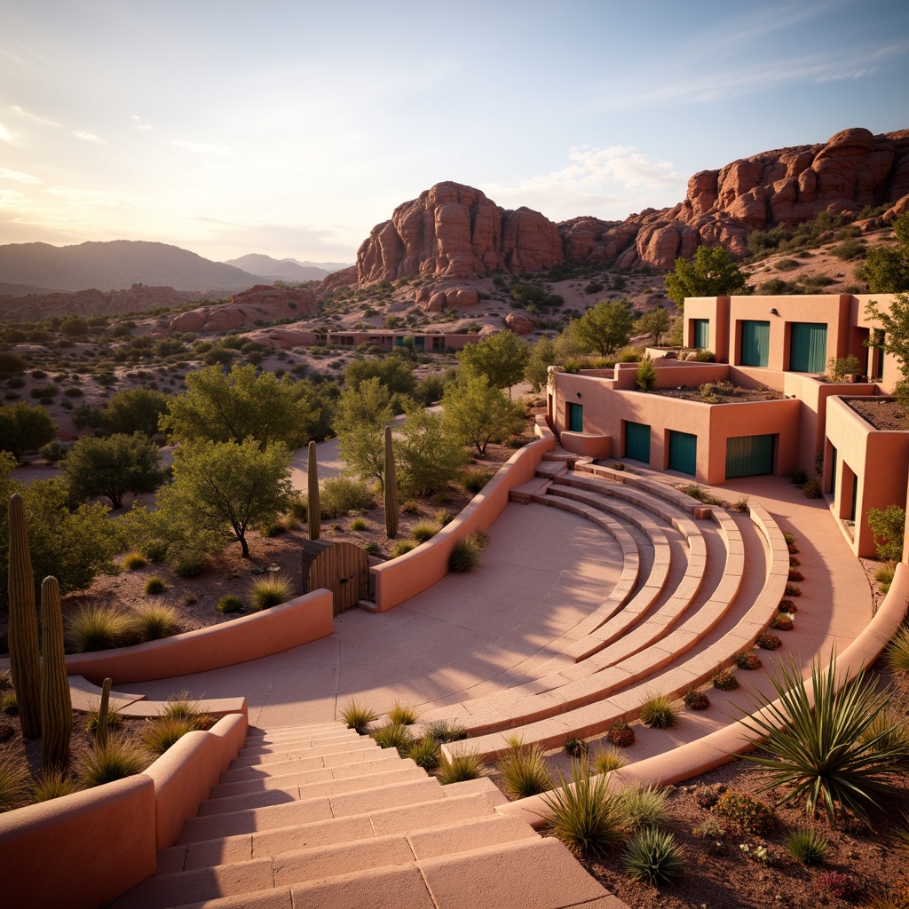 Prompt: Earthy southwestern amphitheater, terracotta seating, sandy beige walkways, turquoise accent walls, vibrant desert flora, cacti silhouettes, warm sunset lighting, rustic wooden railings, natural stone steps, adobe-inspired architecture, earthy red rock formations, majestic mountainous backdrop, soft gradient sky, 1/2 composition, shallow depth of field, realistic textures, ambient occlusion.